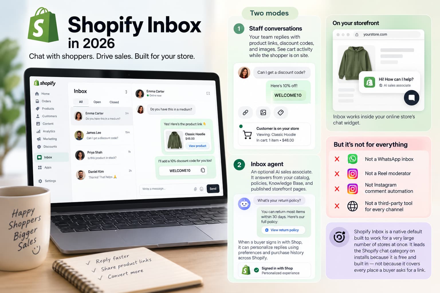 Shopify Inbox 2026 overview showing staff conversations, AI sales associate features, storefront chat, and its limitations for WhatsApp and Instagram automation