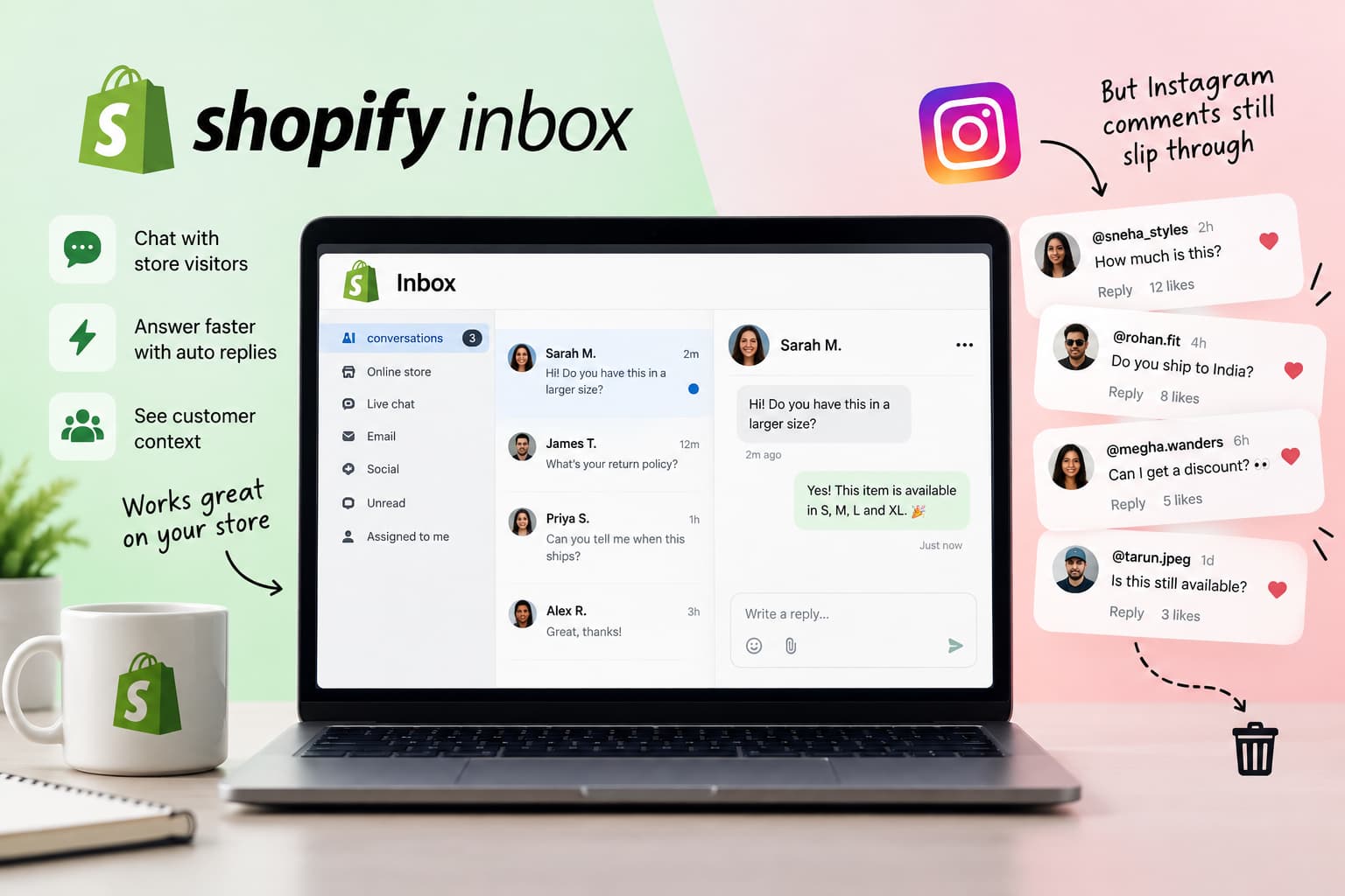 Shopify Inbox review showing its website chat features on a laptop, alongside Instagram comments that remain unanswered and slip through the customer support workflow.