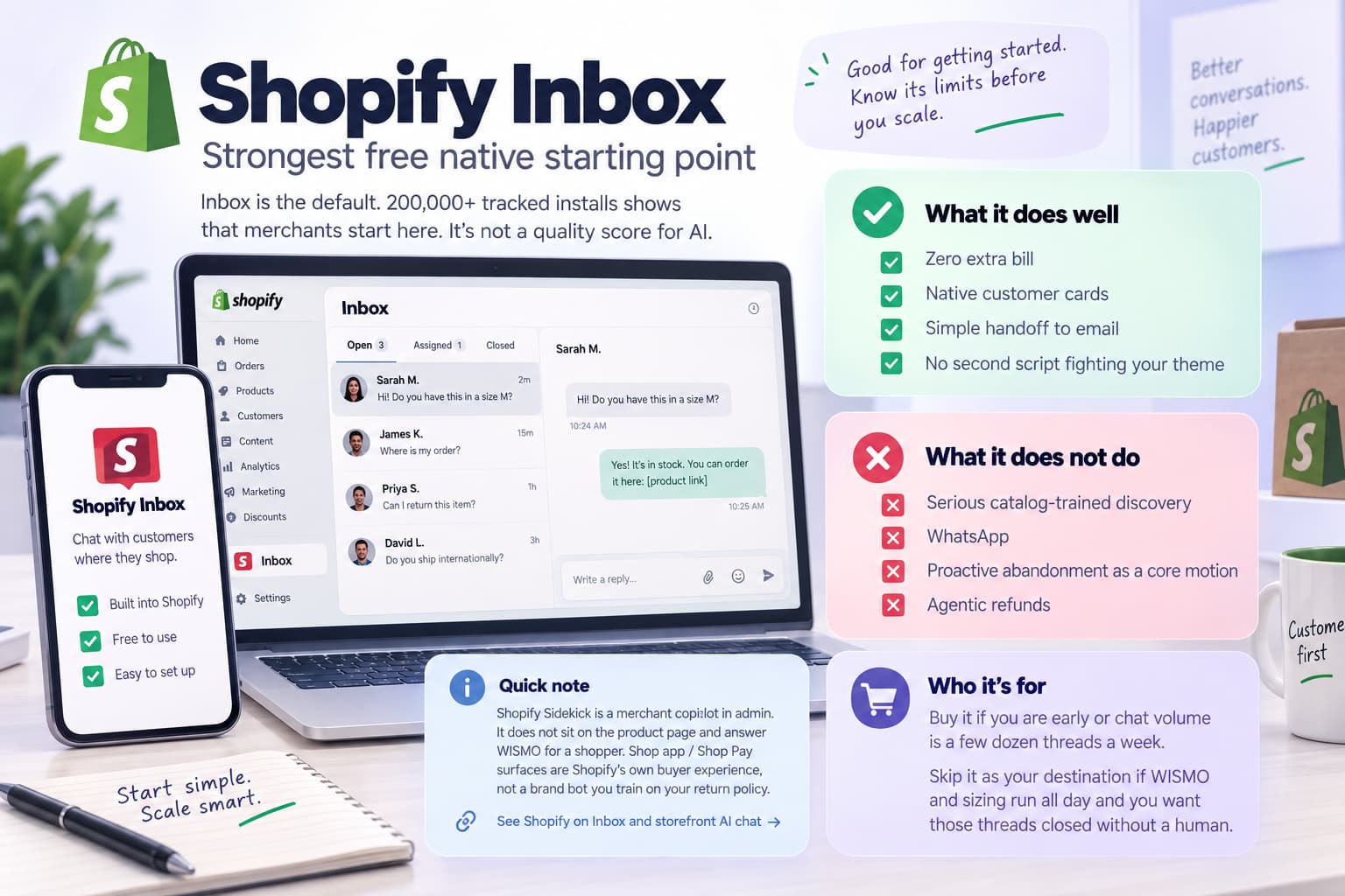 : Shopify Inbox infographic showing its free native chat features, benefits, limitations, ideal use cases, and comparison with Shopify Sidekick and Shop Pay.