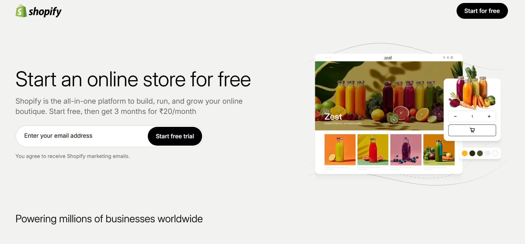 Shopify homepage showing an online store setup with a product storefront preview, free trial signup form, and ecommerce platform features.