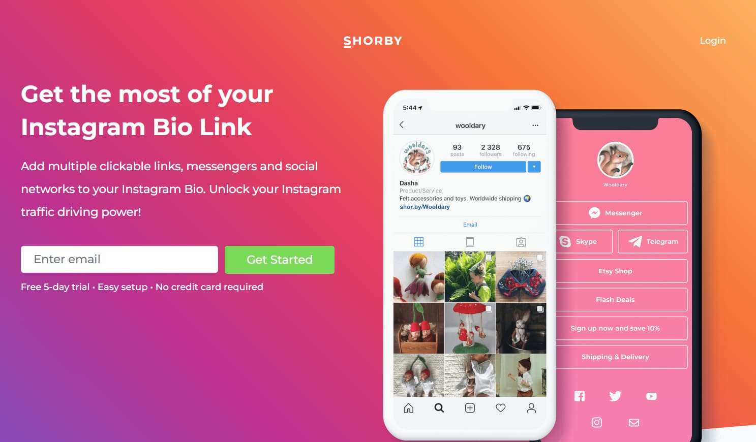 Shorby homepage showcasing an Instagram bio link tool with a colorful gradient background, an Instagram profile preview, and a customizable mobile link page featuring Messenger, Telegram, Skype, social media links, and call-to-action buttons for increasing Instagram bio link engagement.