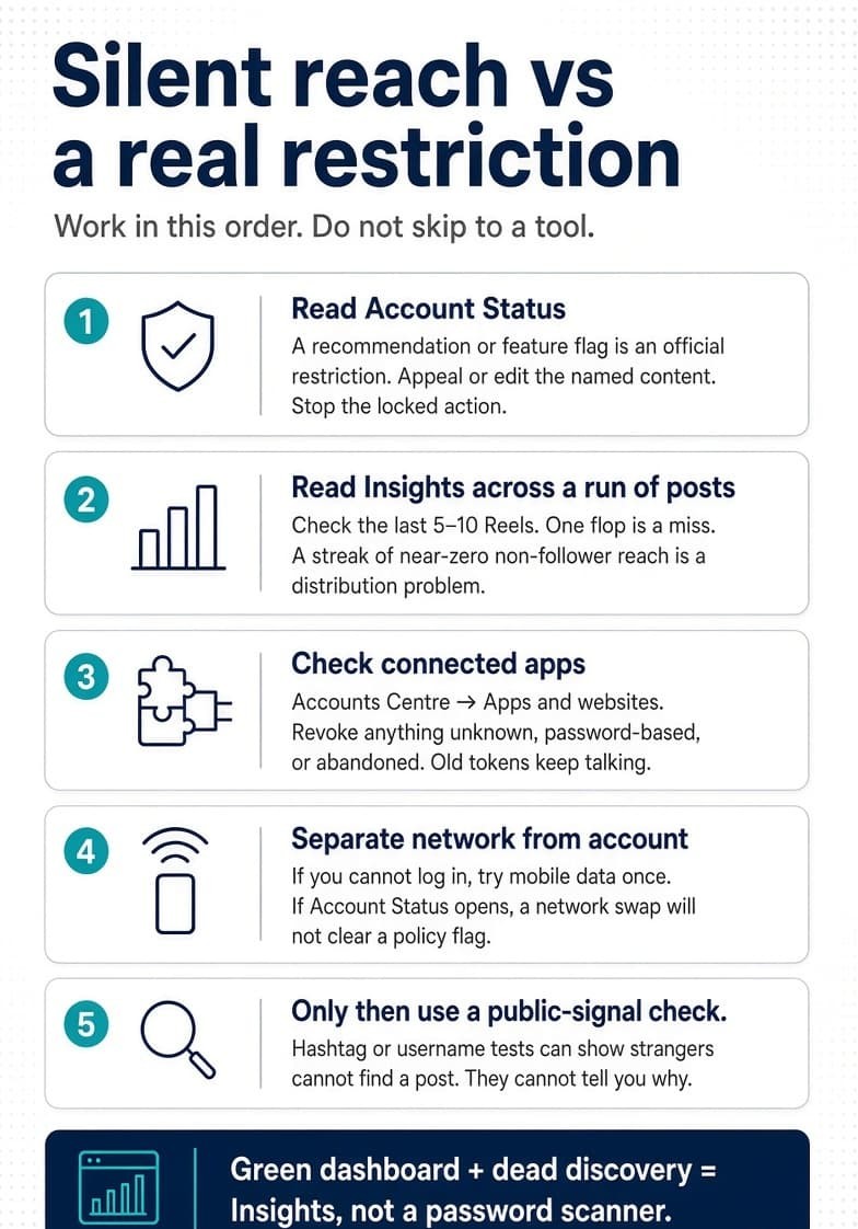 Five-step graphic: check Account Status, then Insights across posts, then connected apps, then network vs account, then public-signal tests last.