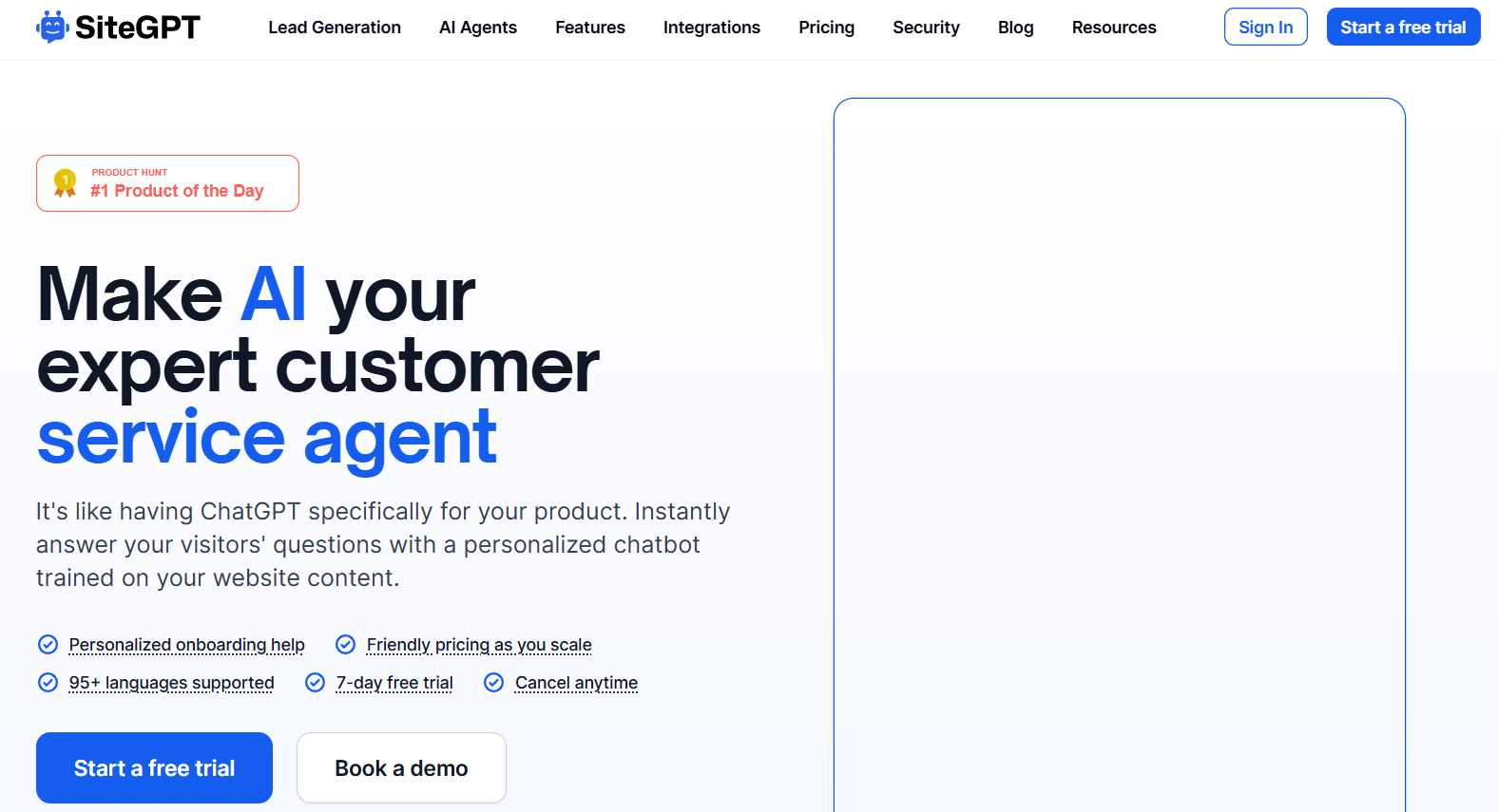 SiteGPT AI customer service agent website homepage with chatbot features, pricing, and free trial options.