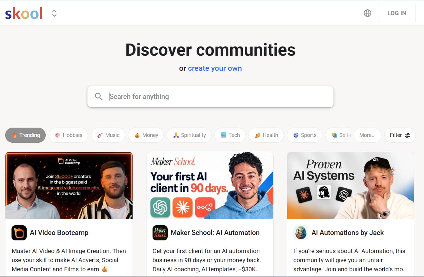 Skool Discover Communities page showing trending online communities, category filters, a search bar, and featured AI-focused communities