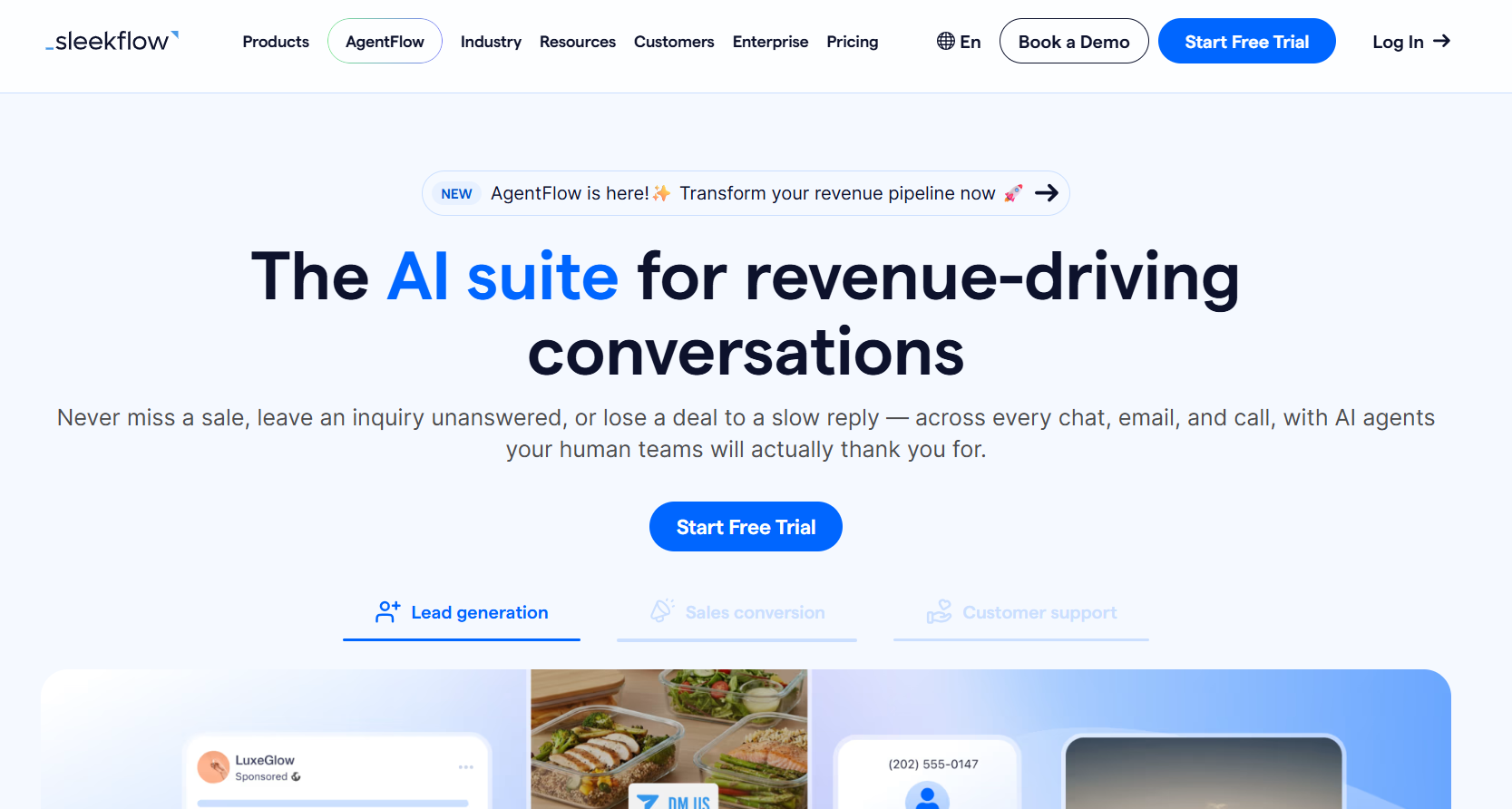 SleekFlow website homepage showcasing AI-powered conversations for lead generation, sales conversion, and customer support across chat, email, and calls.