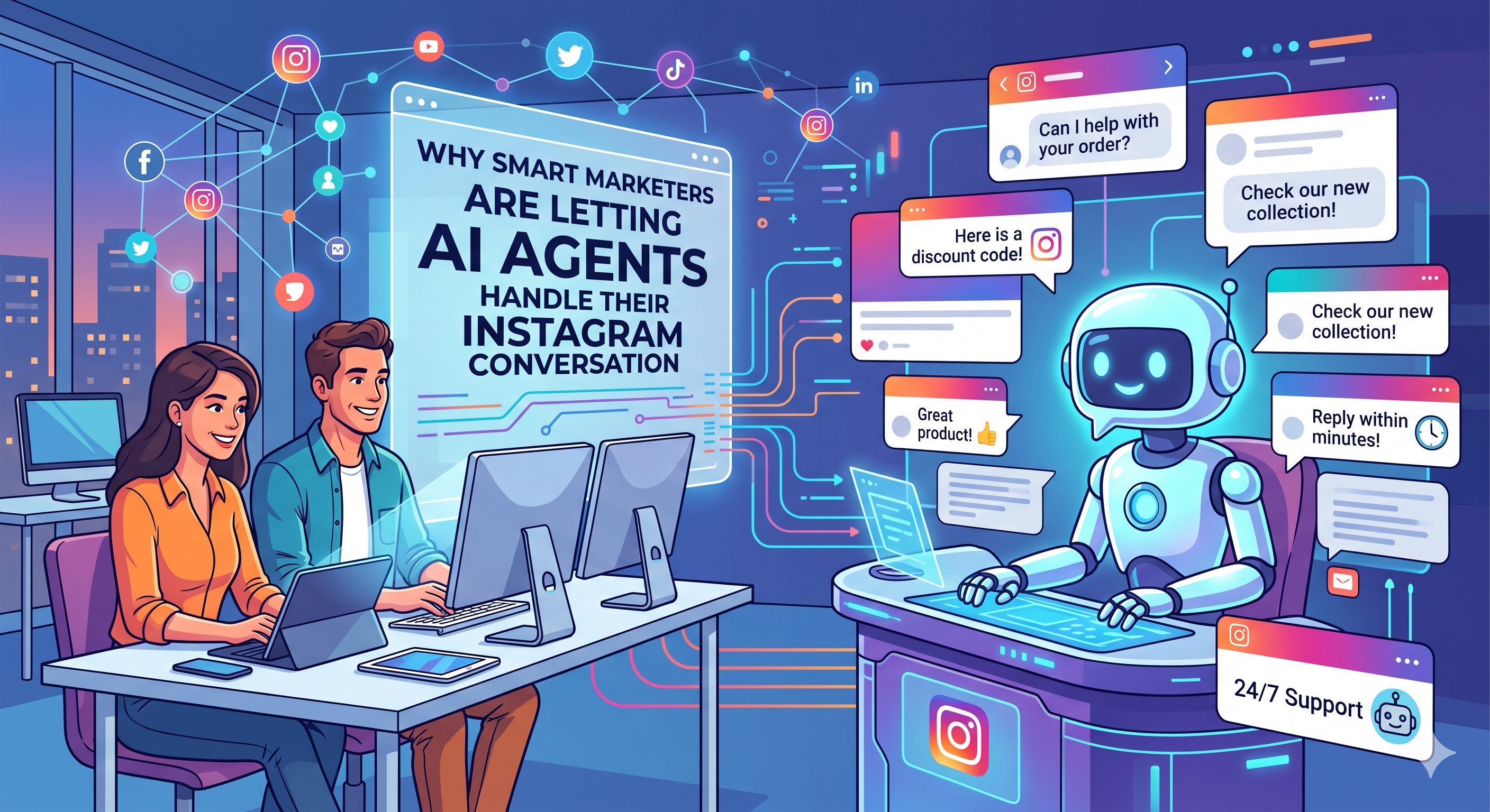 Illustration of marketers at computers while an AI chatbot handles Instagram conversations, showing automated replies, 24/7 support, and message interactions across social platforms.