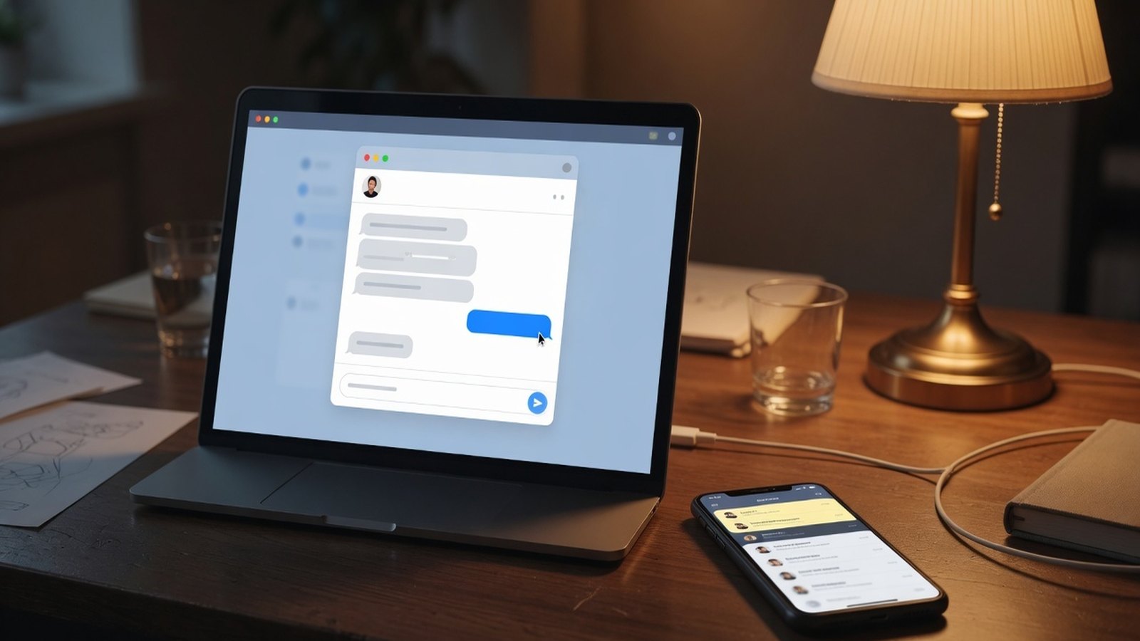 Laptop website chat widget and a phone on a night desk