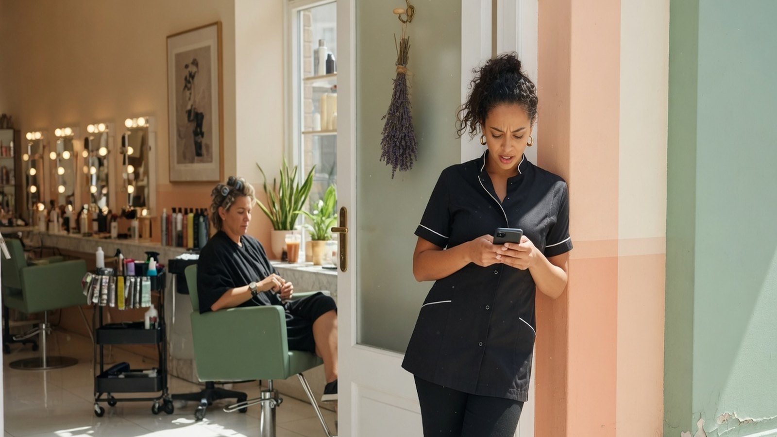 Service business owner checking a phone while a client waits