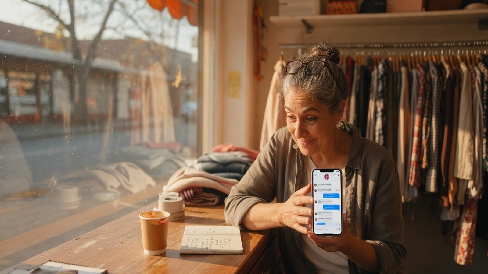 Shop owner at the counter checking a customer chat on their phone