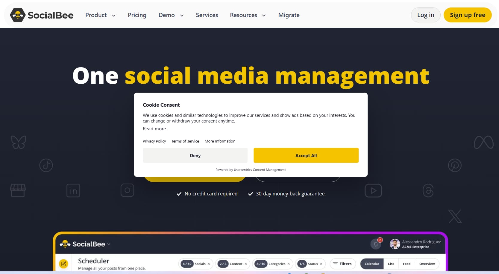 **Alt text:**
Screenshot of the SocialBee homepage featuring the headline "One social media management," with a cookie consent pop-up overlay offering "Deny" and "Accept All" options. The page includes top navigation, login and sign-up buttons, social media platform icons, and a preview of the SocialBee content scheduler dashboard below.