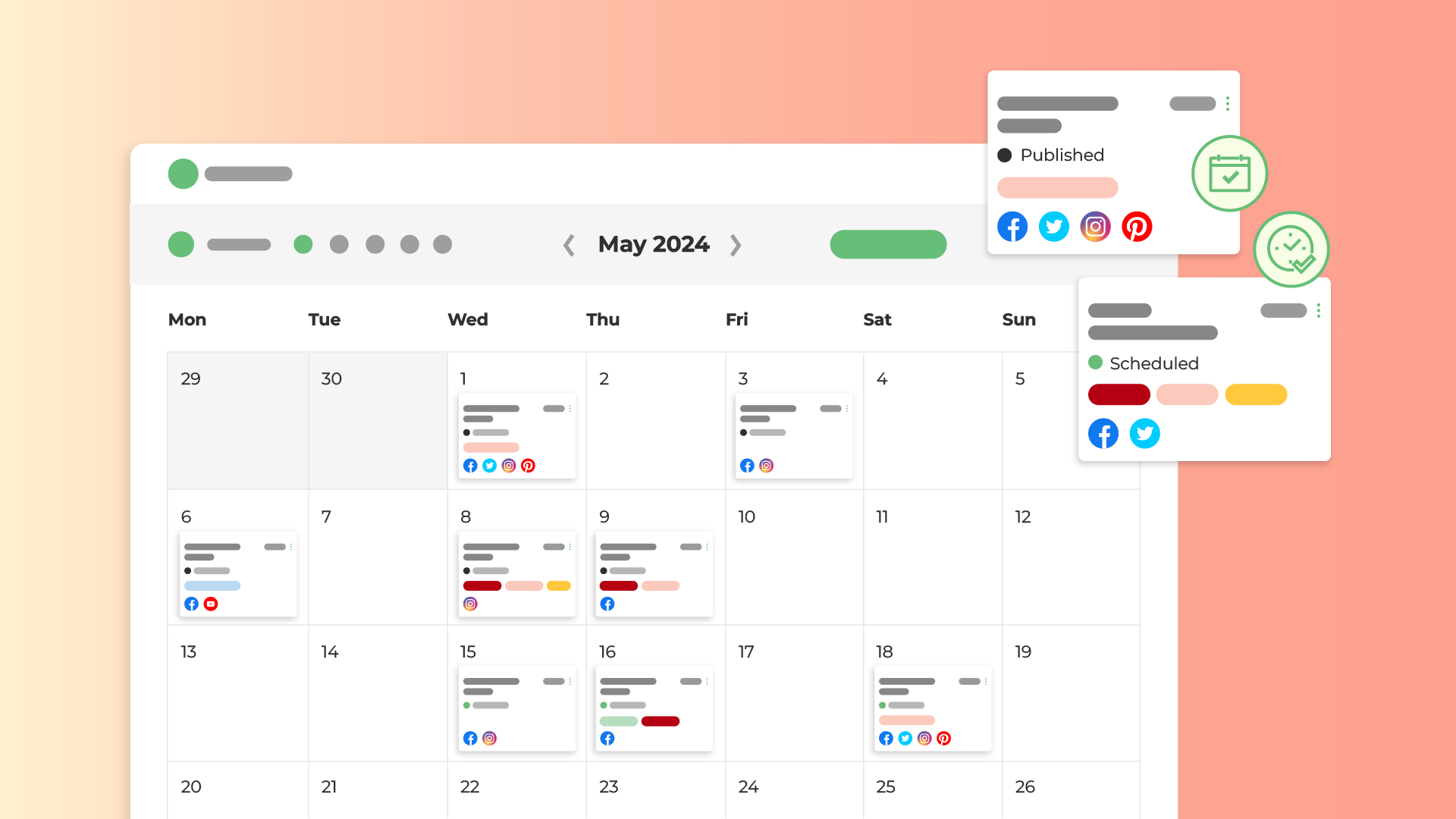 A clean graphic of a social media content calendar for May 2024, showing various posts scheduled and published across different platforms like Facebook, Twitter, Instagram, and Pinterest using colorful icons and status indicators.