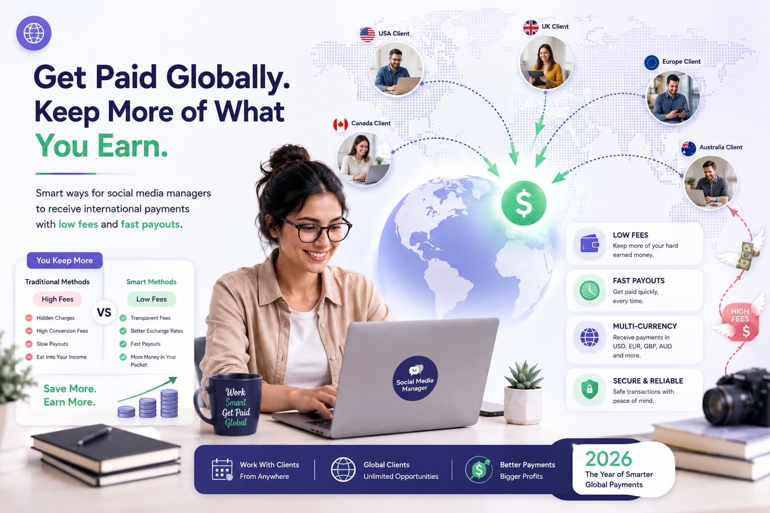 Social media manager receiving international client payments with low fees, fast payouts, multi-currency support, and secure global payment options in 2026.