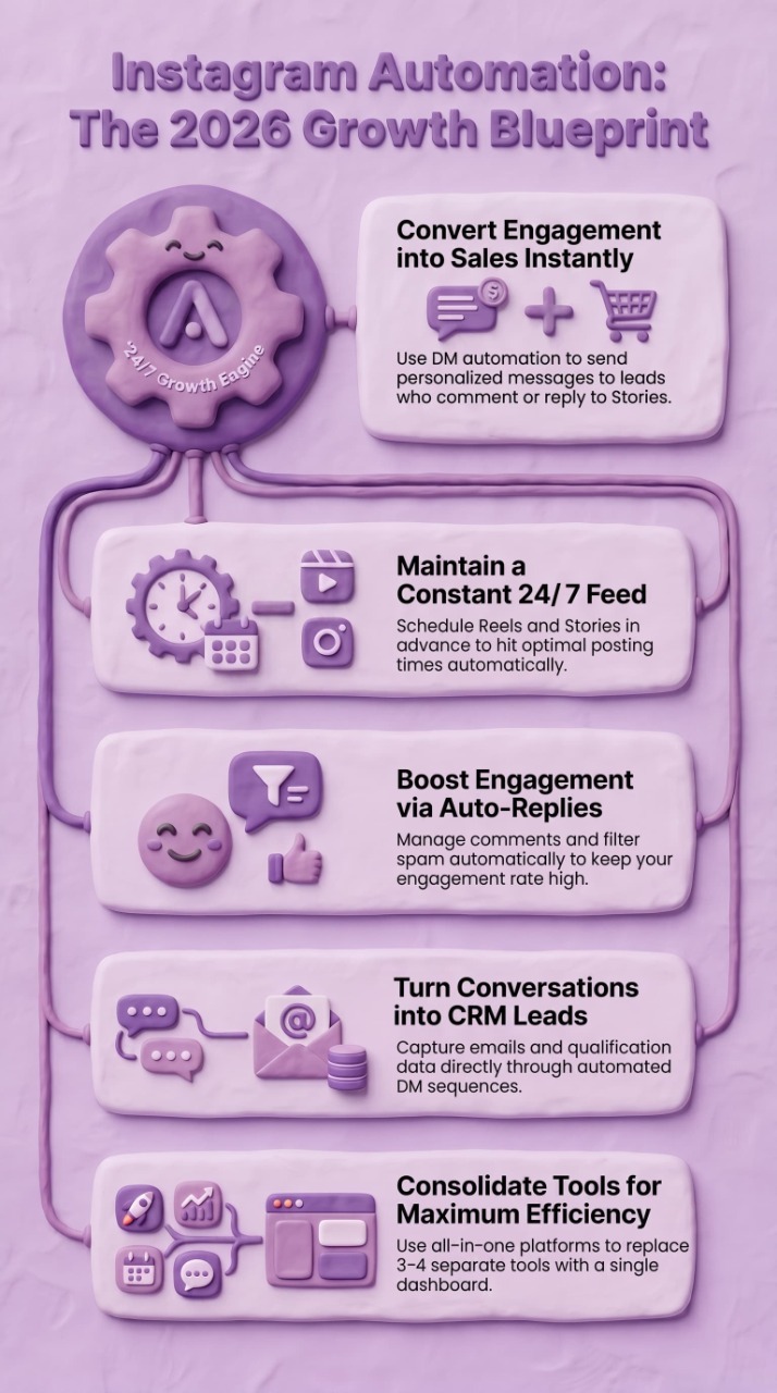A vertical, pastel purple infographic featuring 3D clay-style graphics, text blocks, and connecting pipes that map out an automation workflow.
Header: Bold, purple 3D text reads