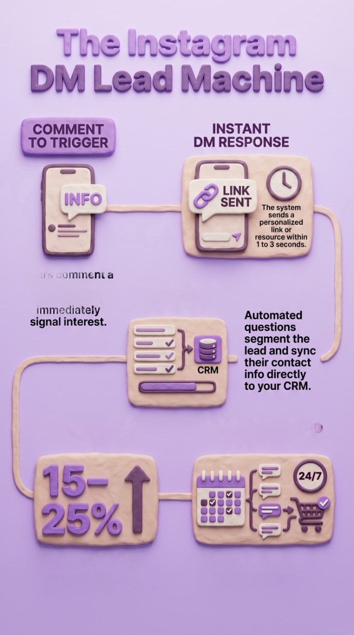 A vertical infographic with a pastel purple background and beige elements designed in a 3D clay style. It details a four-step lead generation process:
Title: