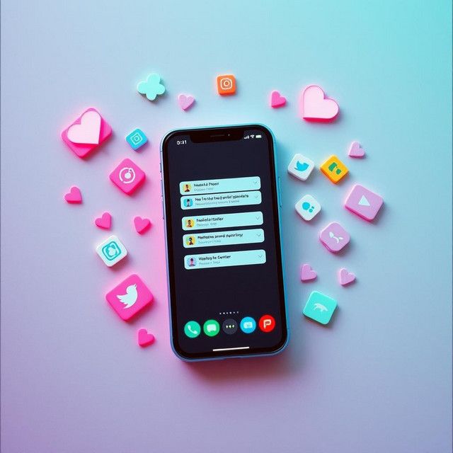 A smartphone is centered on a pastel surface, displaying a list of message notifications on its dark screen. Colorful 3D social media icons and heart shapes in pink, blue, and yellow scatter around the device, creating a vibrant digital-themed composition.