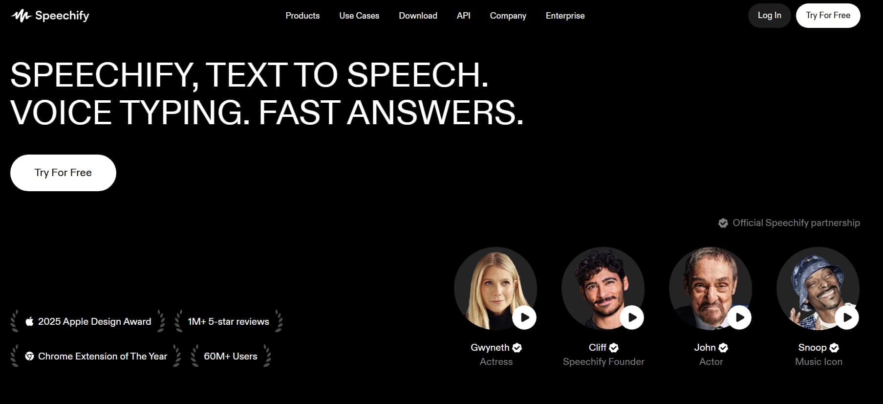 Speechify homepage promoting text-to-speech, voice typing, and fast answers, with user awards and reviews alongside featured voices and celebrity partnerships.