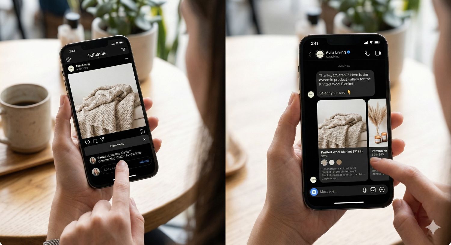 A split-screen view showing a person's hands holding a smartphone. On the left side, the user is typing a keyword comment on an Instagram post; on the right side, the screen displays a dynamic Shopify product gallery received instantly via an automated Direct Message.