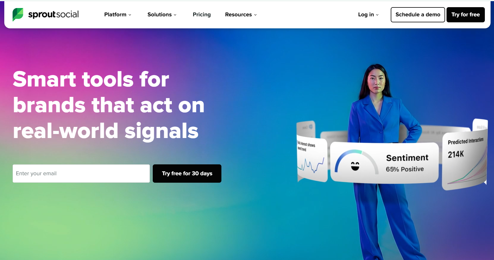 A screenshot of the Sprout Social homepage featuring a white header menu and a vibrant green, pink, and blue gradient background. On the left, a large bold headline reads 