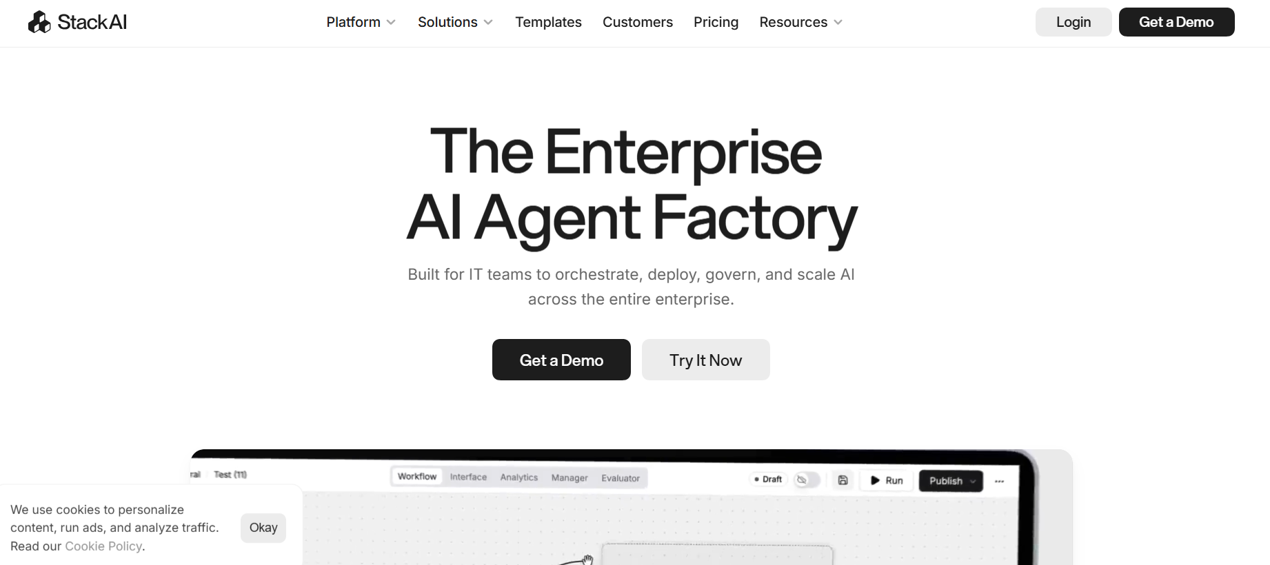 StackAI enterprise AI agent platform webpage showcasing an AI Agent Factory for orchestrating, deploying, governing, and scaling AI across an organization.