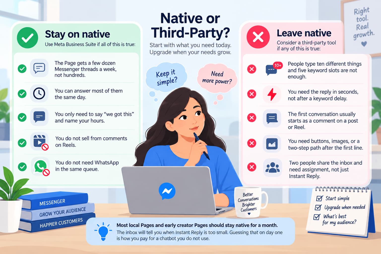 Facebook Messenger automation infographic comparing when to stay with Meta Business Suite and when to use a third-party tool, based on message volume, response speed, keyword needs, comment-triggered conversations, rich media, WhatsApp integration, and shared inbox requirements.