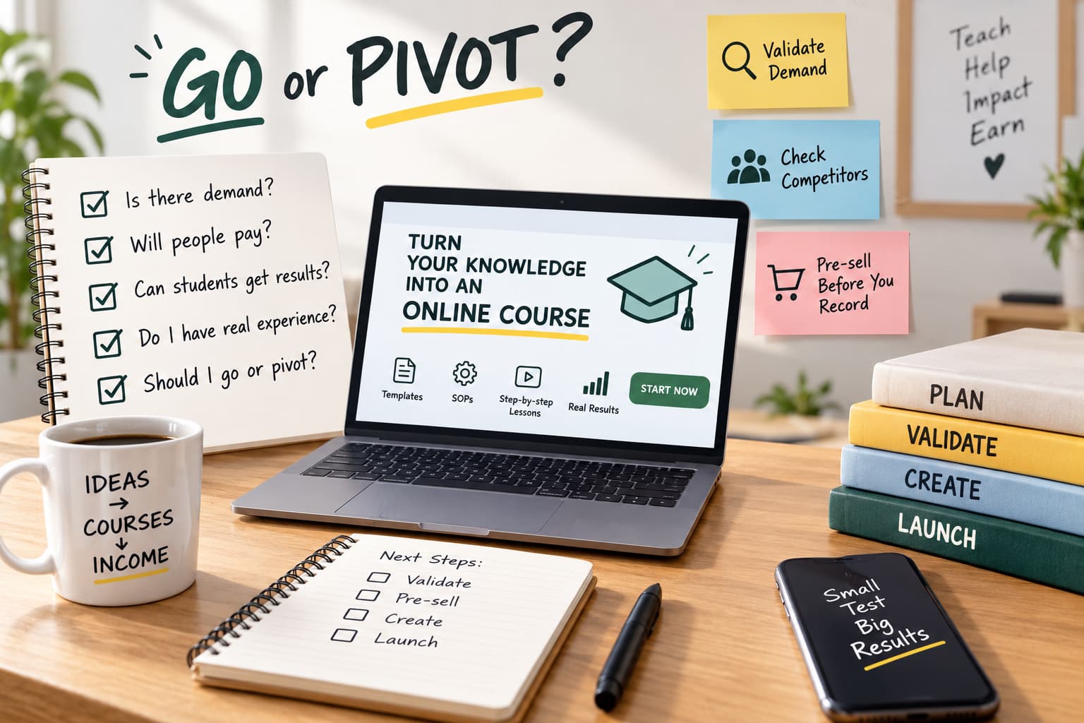 Online course validation infographic showing a “Go or Pivot?” checklist, demand validation, competitor research, pre-selling, and a step-by-step process for turning knowledge into an online course.