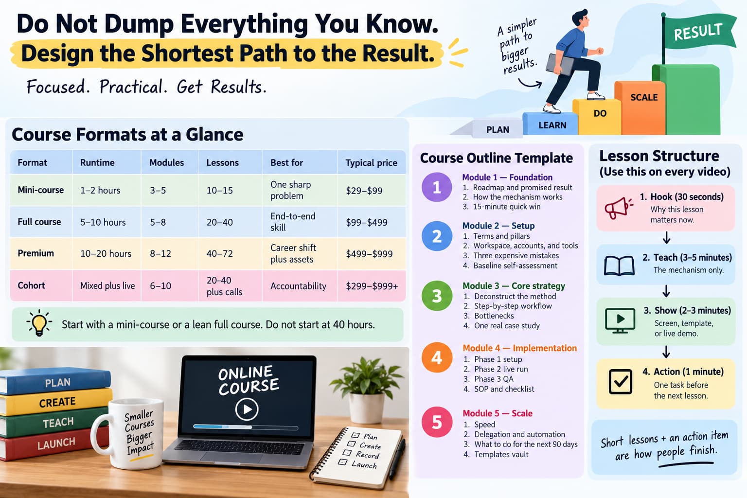 Online course creation infographic showing course formats, a five-module outline, and a four-step lesson structure focused on creating short, practical courses that help students achieve results.
