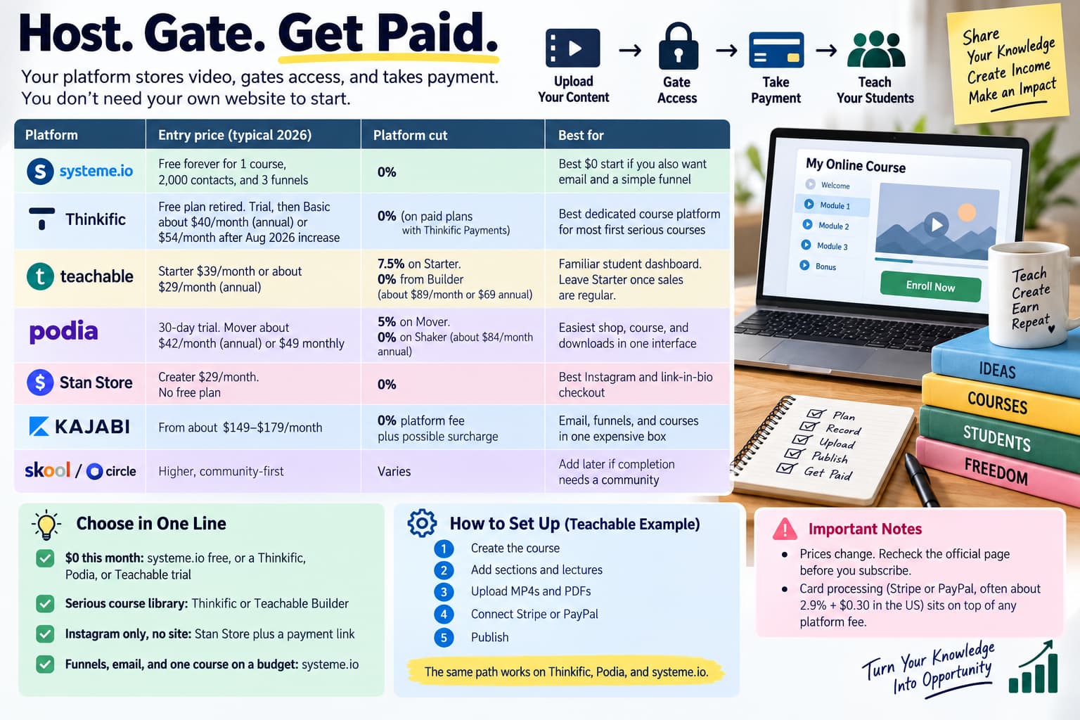 Online course platform comparison infographic showing pricing, platform fees, best use cases, setup steps, and recommendations for choosing platforms such as systeme.io, Thinkific, Teachable, Podia, Stan Store, Kajabi, Skool, and Circle.