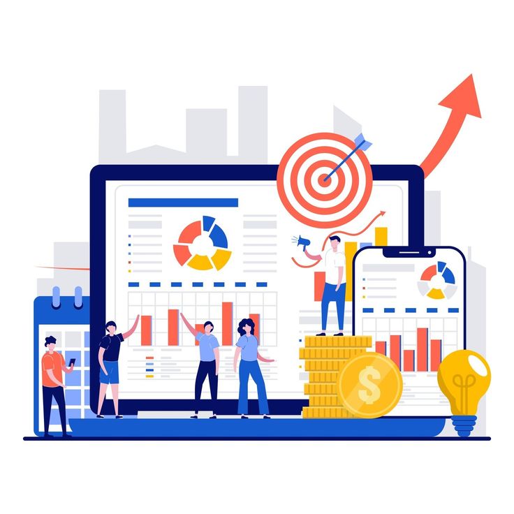 Digital marketing team analyzing an automated sales dashboard with growth metrics and business icons.