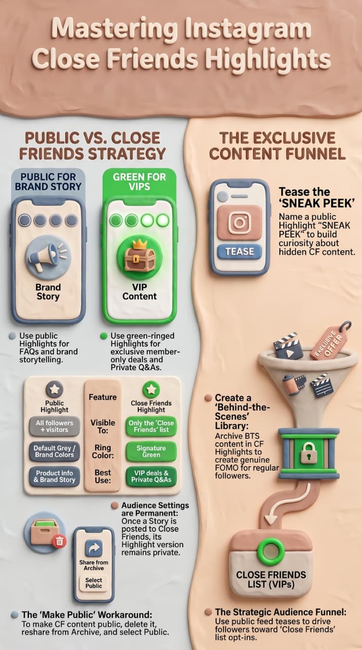 A vertically split infographic in a 3D claymation style titled "Mastering Instagram Close Friends Highlights." The left section contrasts "Public vs. Close Friends Strategy," using a comparison table and phone mockups to explain public branding versus green-ringed VIP content. The right section details "The Exclusive Content Funnel," showing how to use public sneak peeks and behind-the-scenes libraries to drive followers into a gated Close Friends VIP list.