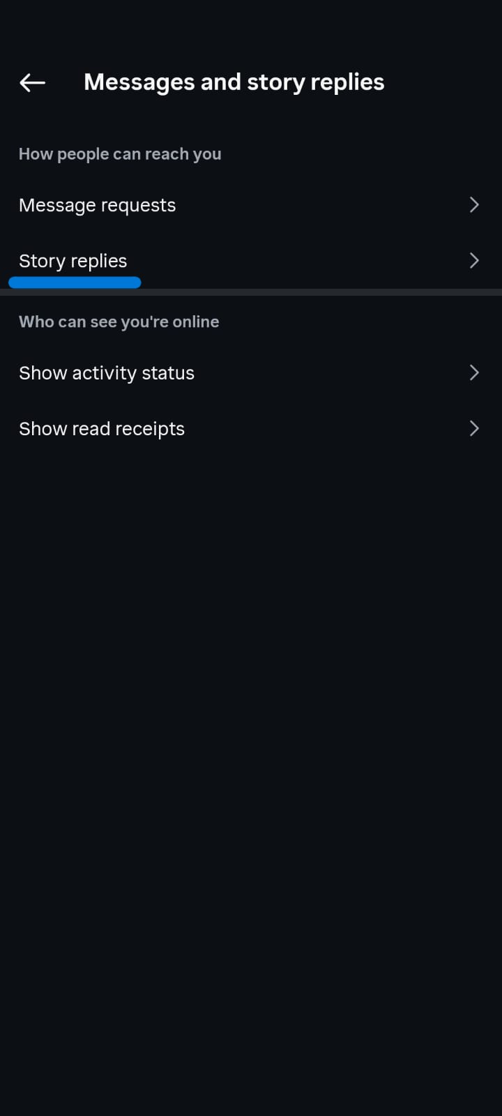 Instagram Messages and story replies settings screen in dark mode displaying communication and privacy options. The page includes Message requests, Story replies, Show activity status, and Show read receipts, allowing users to control who can contact them and how their online activity is shared.