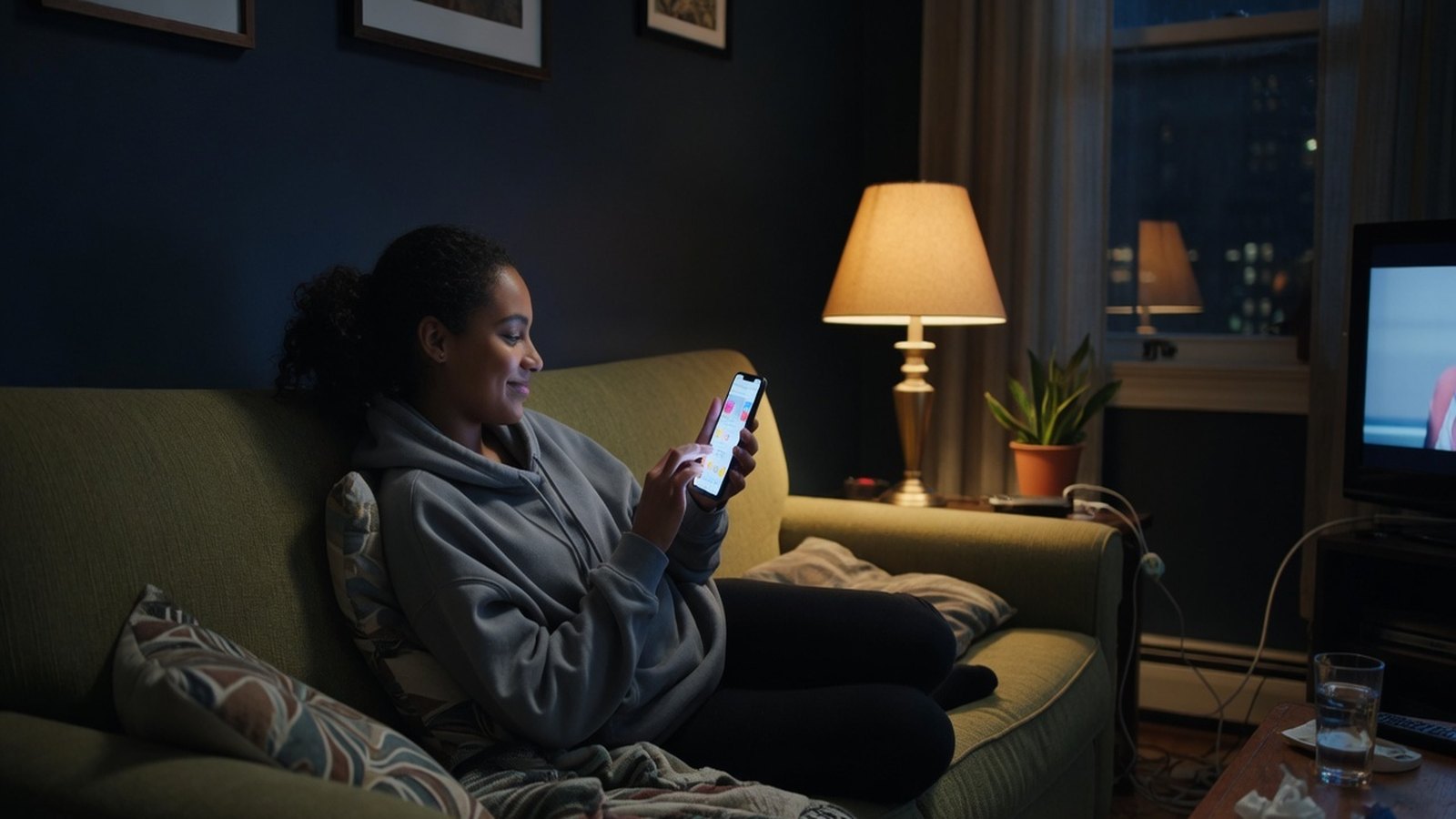 Someone on a sofa replying to a story on their phone