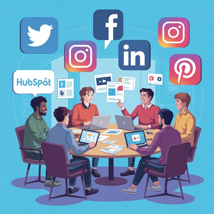 A digital illustration depicts a diverse team of six professionals gathered around a circular table, collaborating on laptops and reviewing printed documents. Hovering above the group are large social media icons—including Facebook, Instagram, LinkedIn, Twitter, and Pinterest—alongside a prominent speech bubble displaying the HubSpot logo.