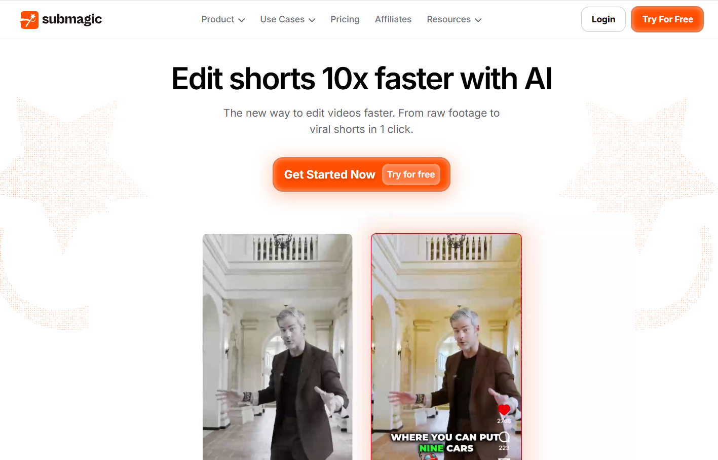 "Submagic landing page advertising AI video editing, featuring a bold headline, free trial button, and a before-and-after short video editing preview."