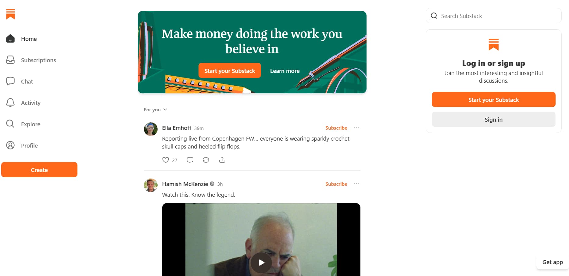 Alt text:**
Substack homepage displaying its newsletter reader interface with a personalized content feed, creator posts, subscription options, search bar, and navigation menu. The page includes prompts to start a Substack, sign in, explore newsletters, and discover content from writers.
