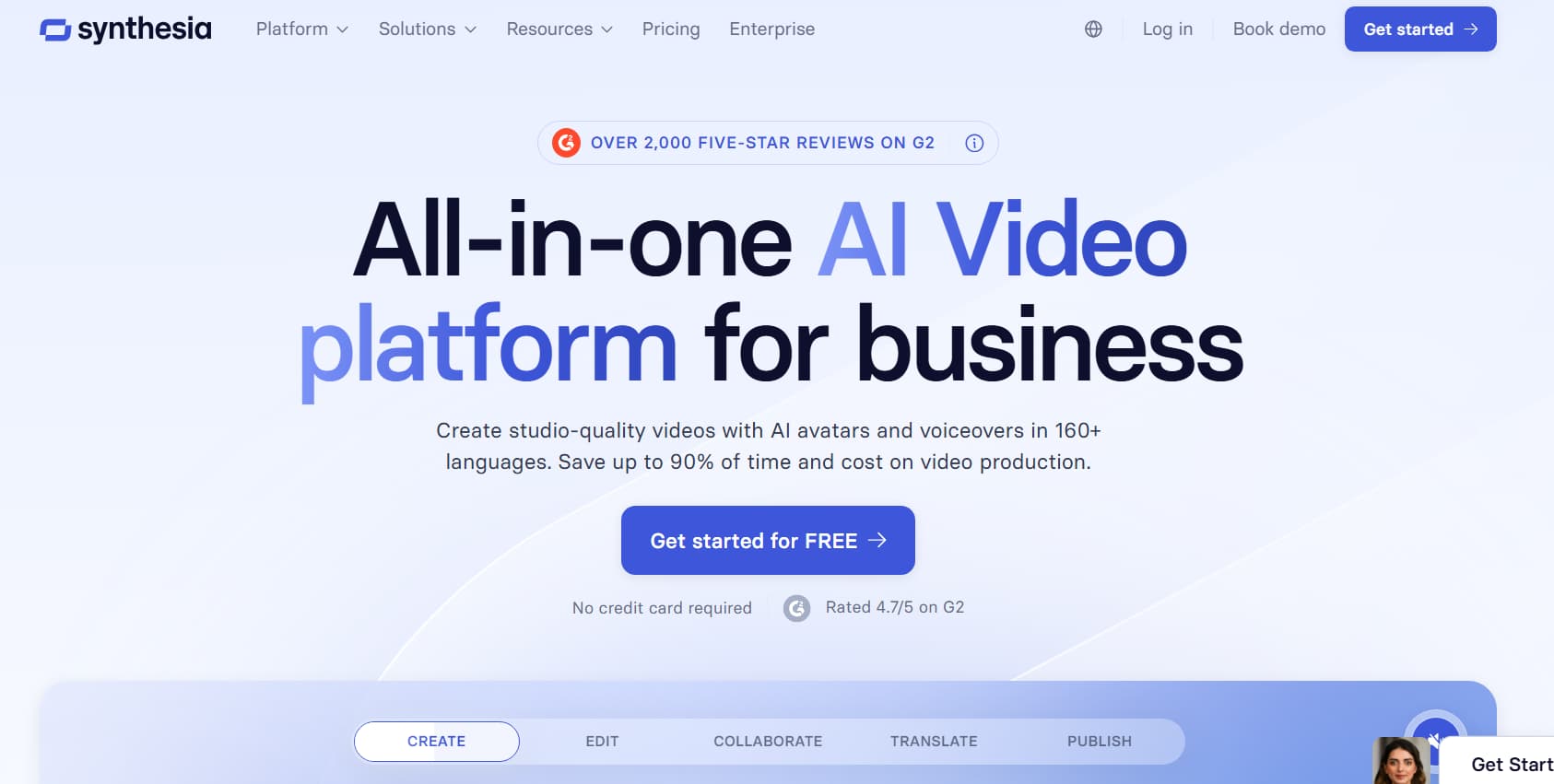 Synthesia AI homepage featuring the headline 