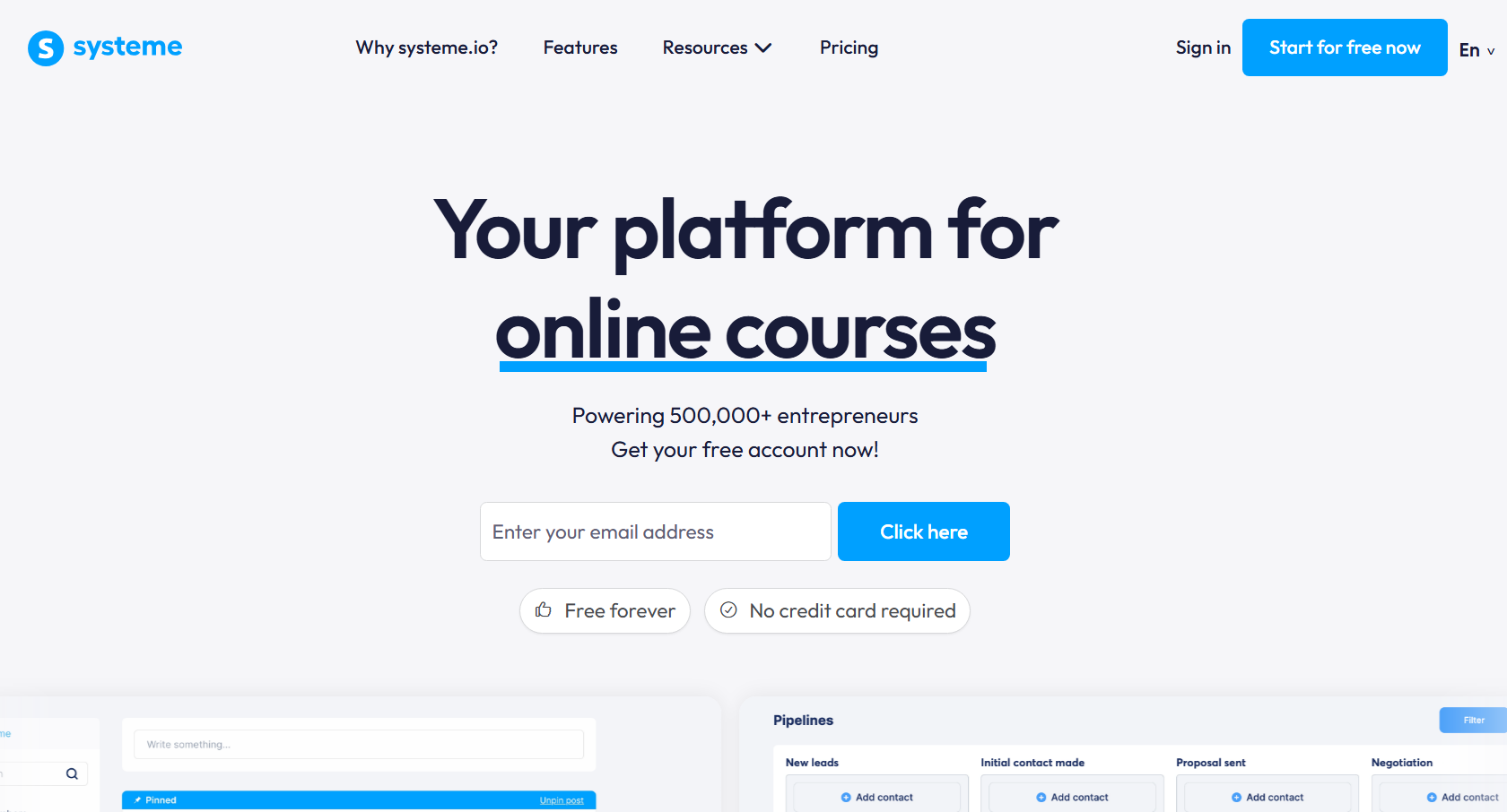 Systeme.io homepage promoting its online course platform, with an email signup form, free account messaging, and a dashboard preview showing sales and lead pipelines.