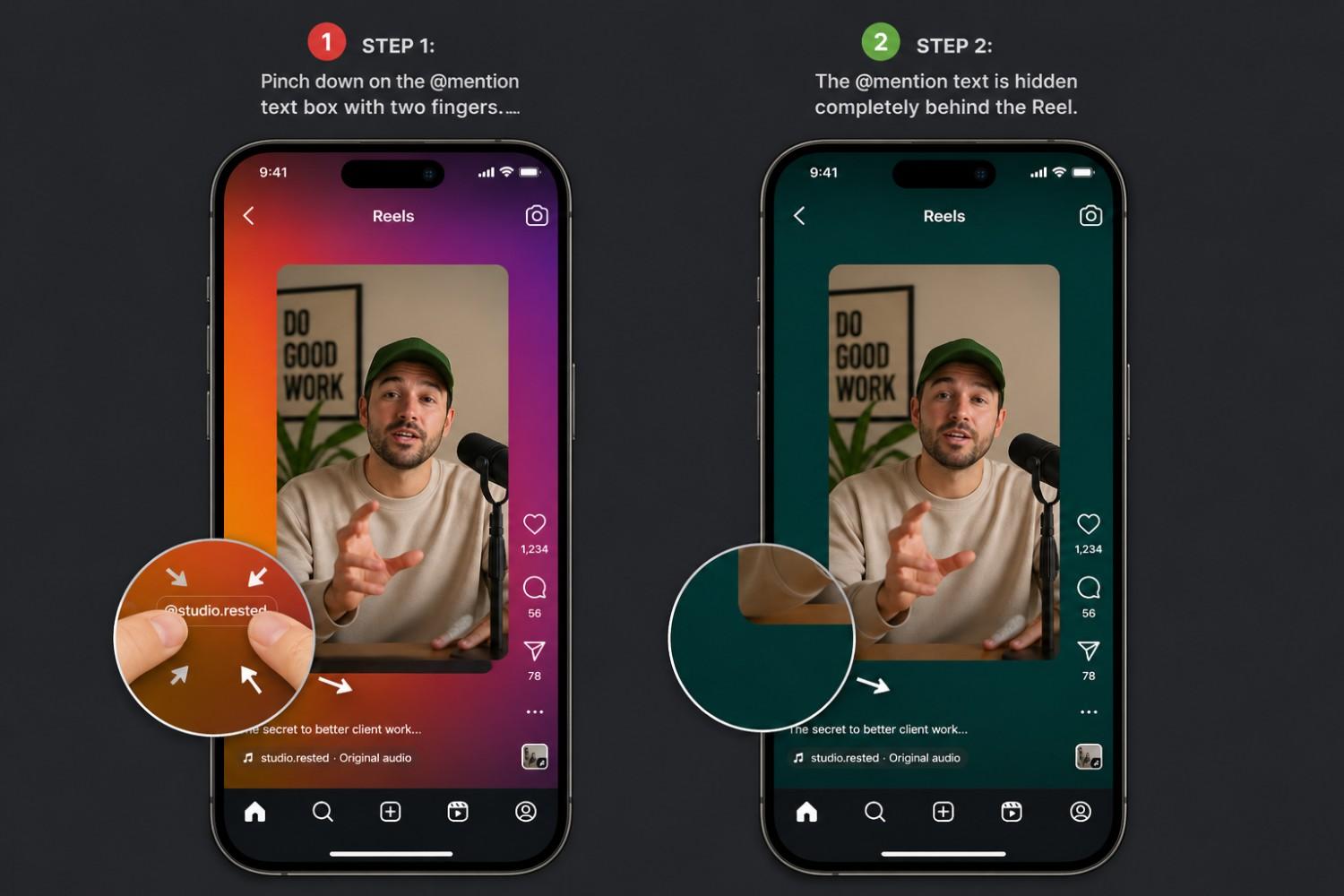 A side-by-side comparison of an Instagram Reel shared to a Story on two smartphones. The left screen shows the 'Default Instagram Gradient Background' with a red 'X' icon, demonstrating a messy, unbranded look. The right screen shows the 'Magic Draw (Solid Brand Color)' hack with a green checkmark, demonstrating a clean, professional framing of the video against a dark green background.