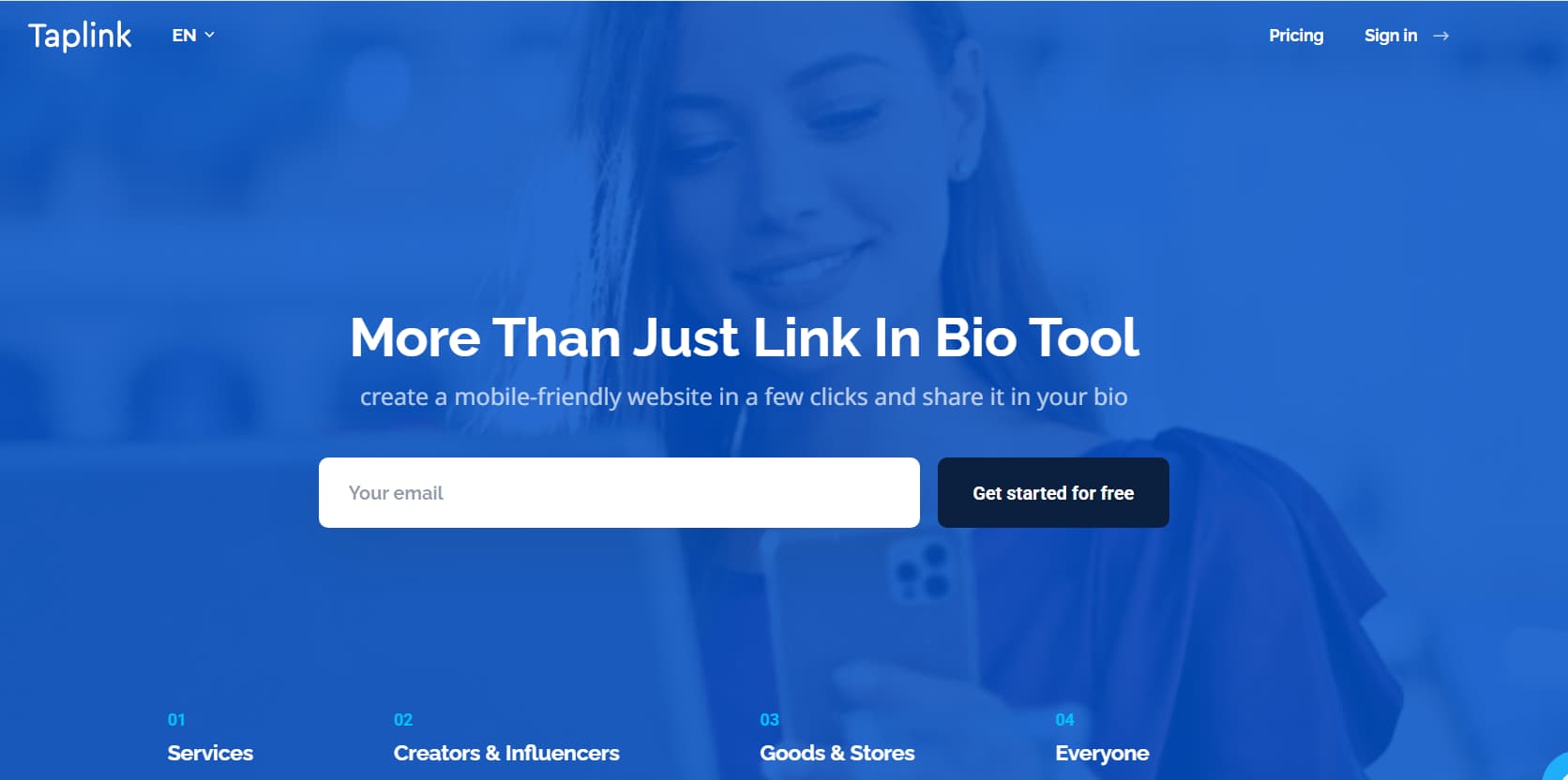 Taplink homepage displaying the headline 