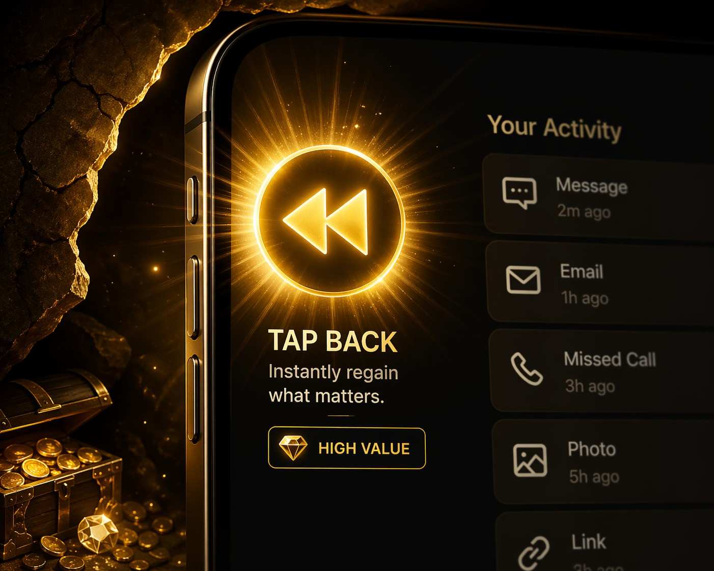 A close-up of a smartphone screen featuring a prominent, glowing gold circular icon with a double-back arrow. Below it, the text reads 