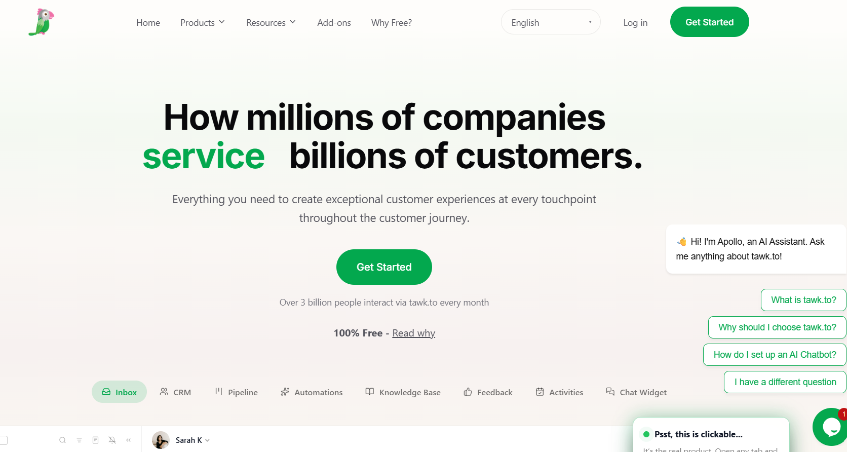Tawk.to customer service platform homepage showcasing live chat, CRM, automation, knowledge base, and AI chatbot features.