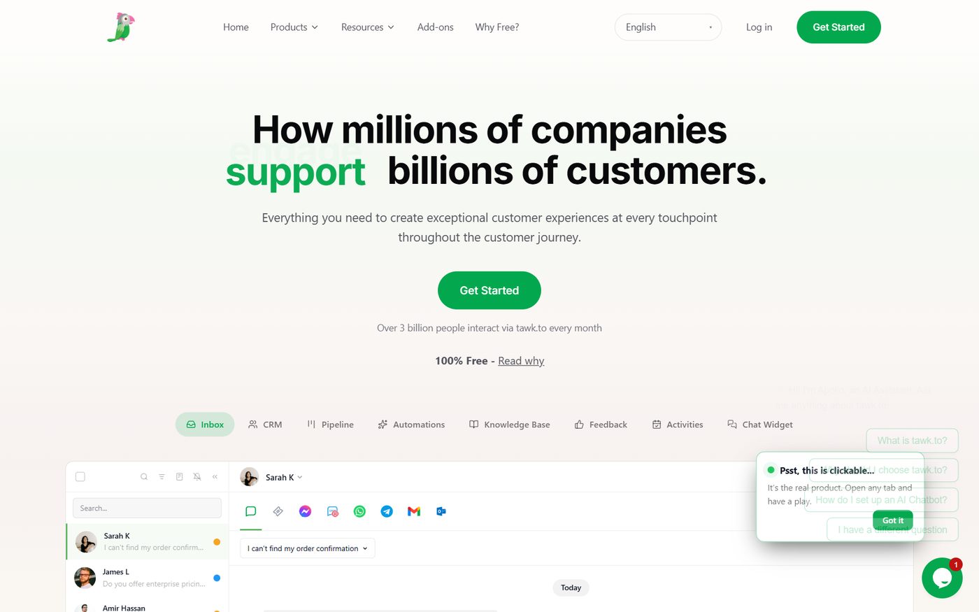 tawk.to homepage screenshot, August 2026