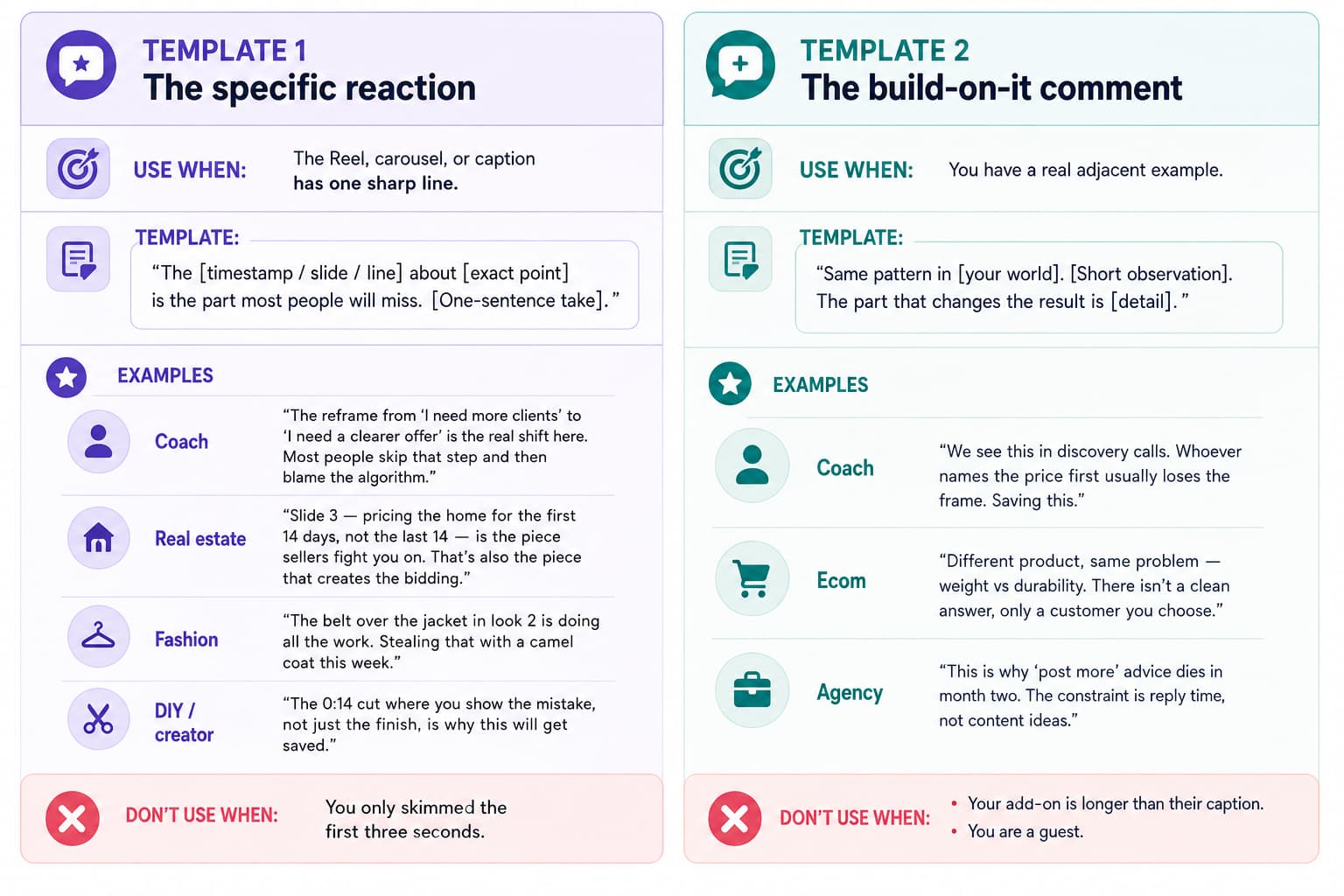 Two-panel infographic showing Instagram comment templates: Template 1, “The specific reaction,” for highlighting a precise line, slide, or moment; and Template 2, “The build-on-it comment,” for adding a relevant example from your own field, with usage guidance, example comments, and situations when each template should not be used.