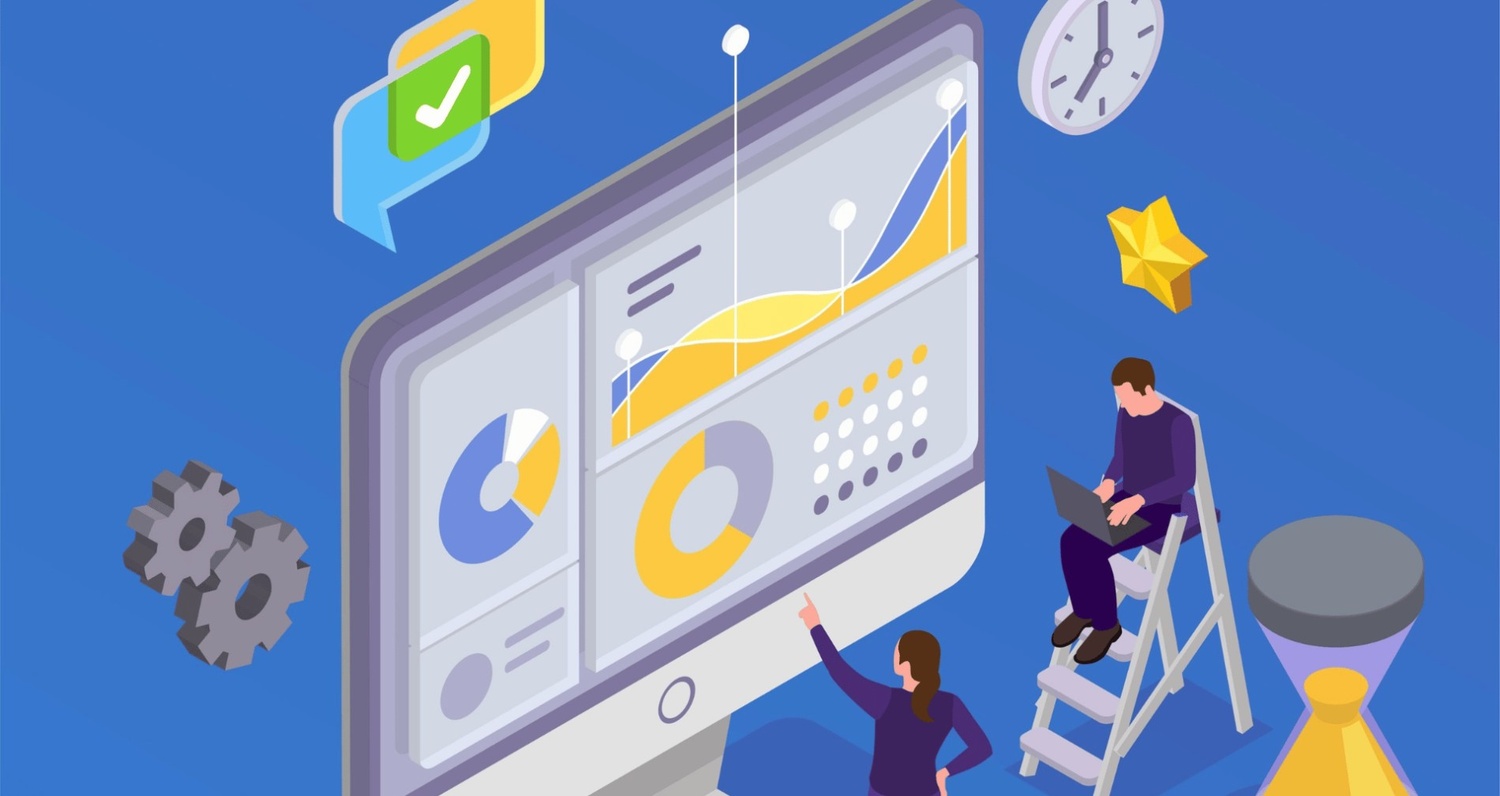 An isometric illustration of two professionals analysing a large computer monitor displaying a detailed performance dashboard with various charts, graphs, and metrics, surrounded by symbolic icons like gears, a clock, a star, and an hourglass.