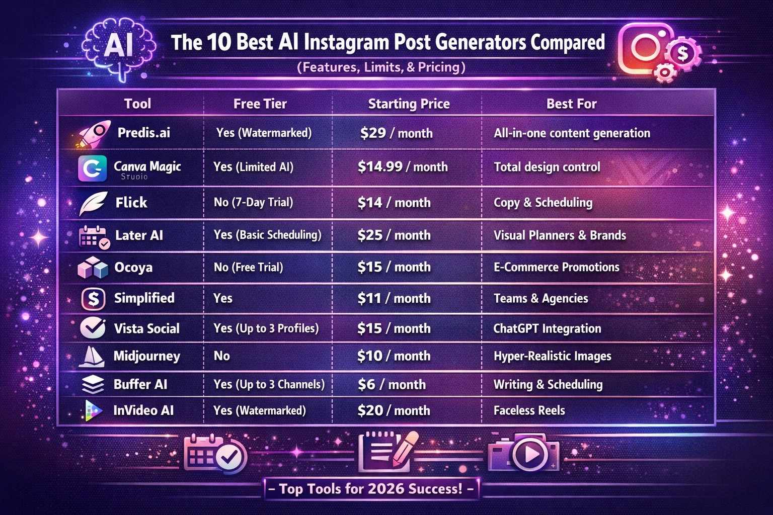 A detailed comparison chart titled 'The 10 Best AI Instagram Post Generators Compared,' displaying the free tiers, starting prices, and best use cases for tools like Predis.ai, Canva Magic Studio, Flick, and Later AI