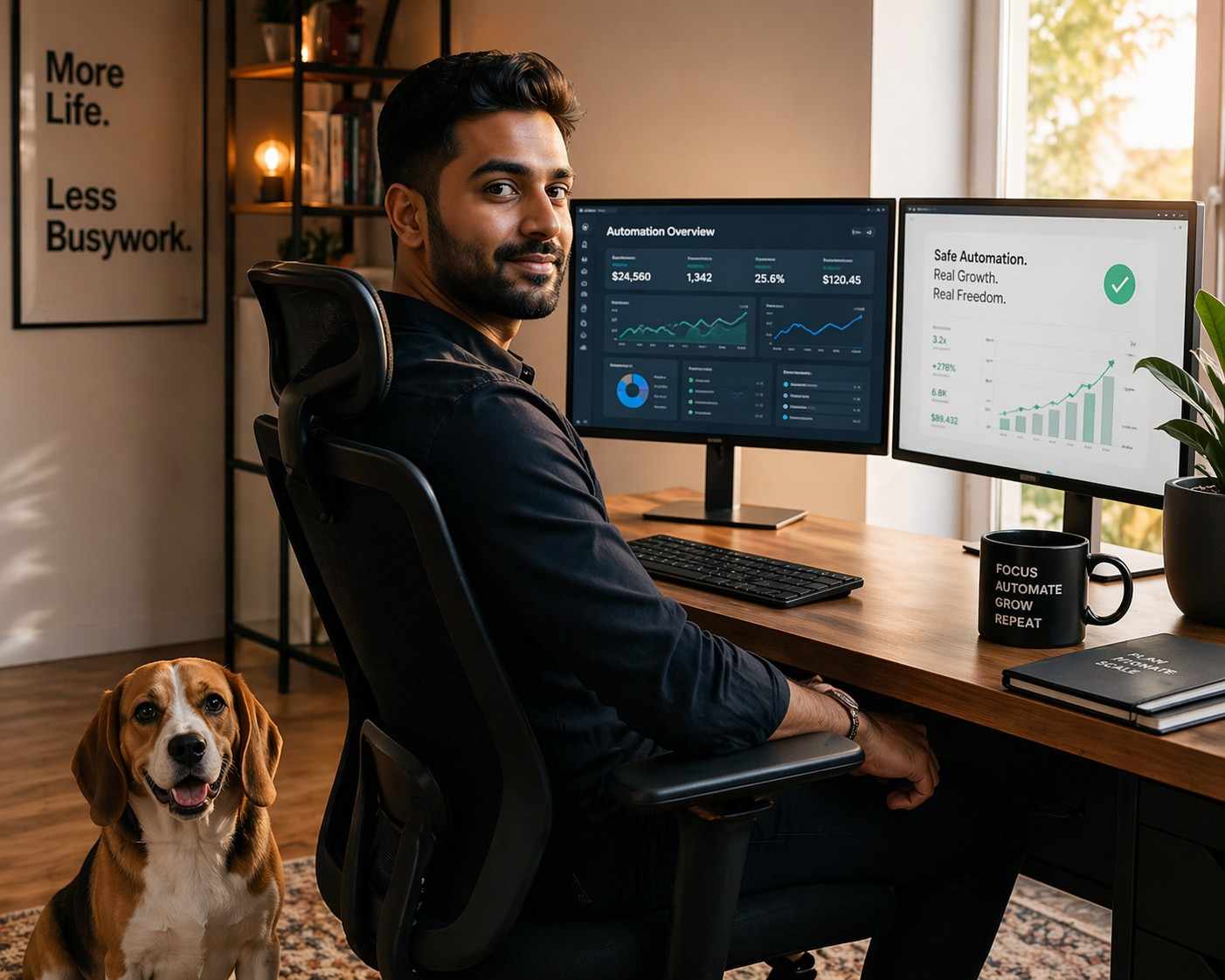 A realistic portrait of a smiling male digital marketer sitting at a wooden desk with a dual-monitor setup displaying automation analytics and growth charts. A pet beagle sits happily beside his ergonomic office chair. The warm, modern workspace features a framed poster reading 'More Life. Less Busywork.' and a black coffee mug with the text 'FOCUS. AUTOMATE. GROW. REPEAT.