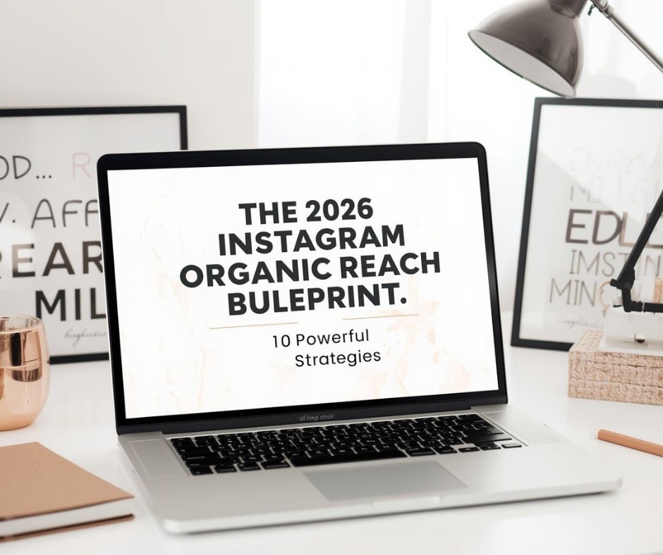 An open laptop sits on a bright, minimalist white desk. The laptop screen displays the text \"THE 2026 INSTAGRAM ORGANIC REACH BULEPRINT.\" (including the typo in \"blueprint\") followed by \"10 Powerful Strategies\" against a light marble background. The workspace is styled with a copper cup, a brown notebook, a modern desk lamp, a pen, and two framed pieces of text art.
