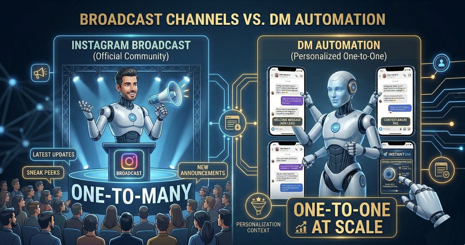 An infographic titled "Broadcast Channels vs. DM Automation" comparing "One-To-Many" communication via Instagram Broadcast with "One-To-One At Scale" using InstantDM automation, featuring robots and chat interface mockups.