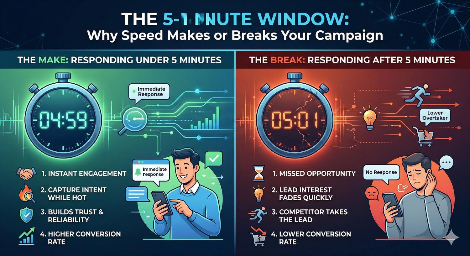 Infographic titled "The 5-Minute Window: Why Speed Makes or Breaks Your Campaign," comparing the positive results of an "Immediate Response" (under 5 minutes) against the negative consequences of "No Response" (after 5 minutes).