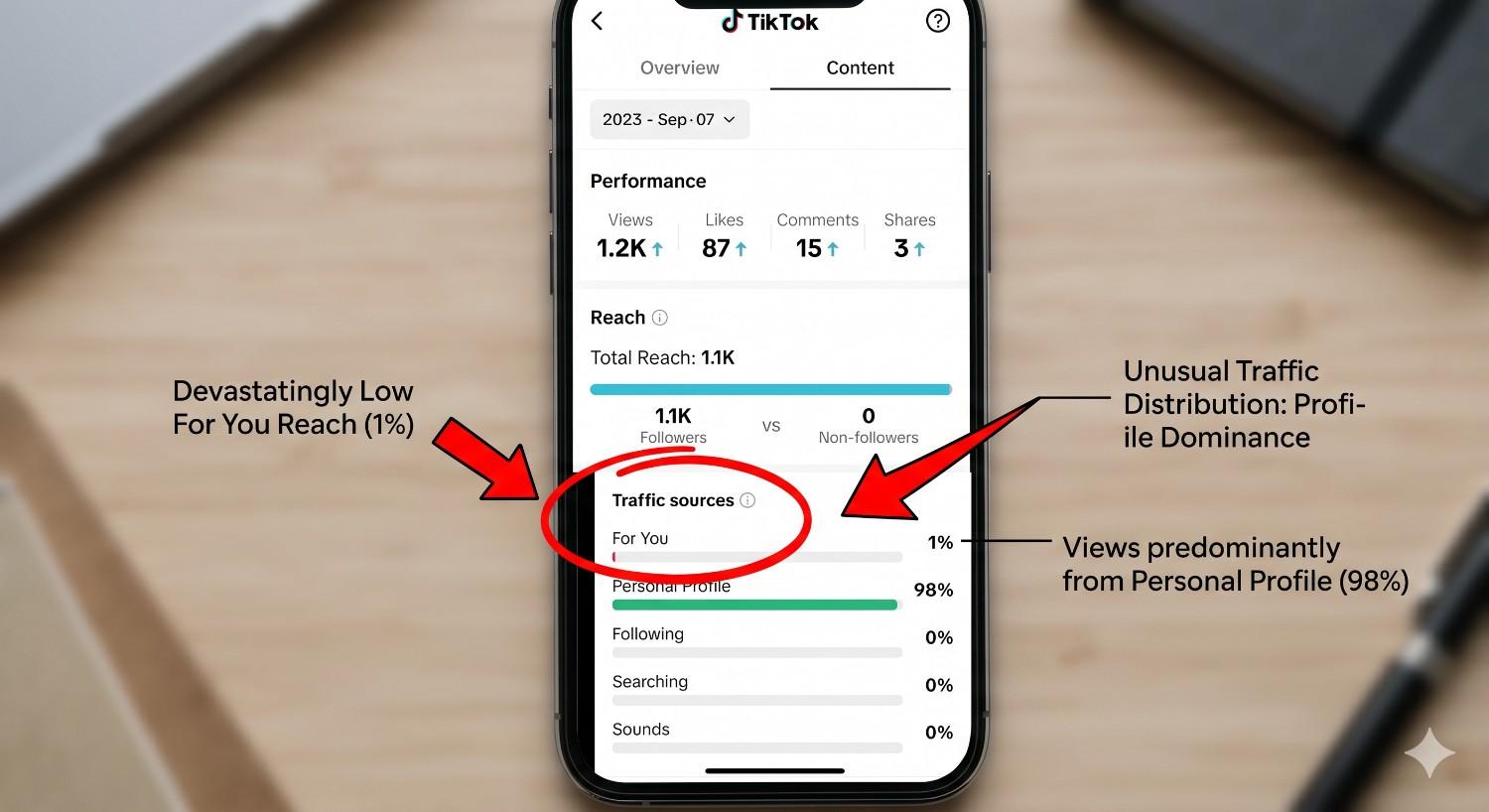 A mockup of TikTok analytics on a smartphone. Red circles and arrows highlight a 'For You' traffic source at only 1%, contrasted with 'Personal Profile' traffic at 98%.