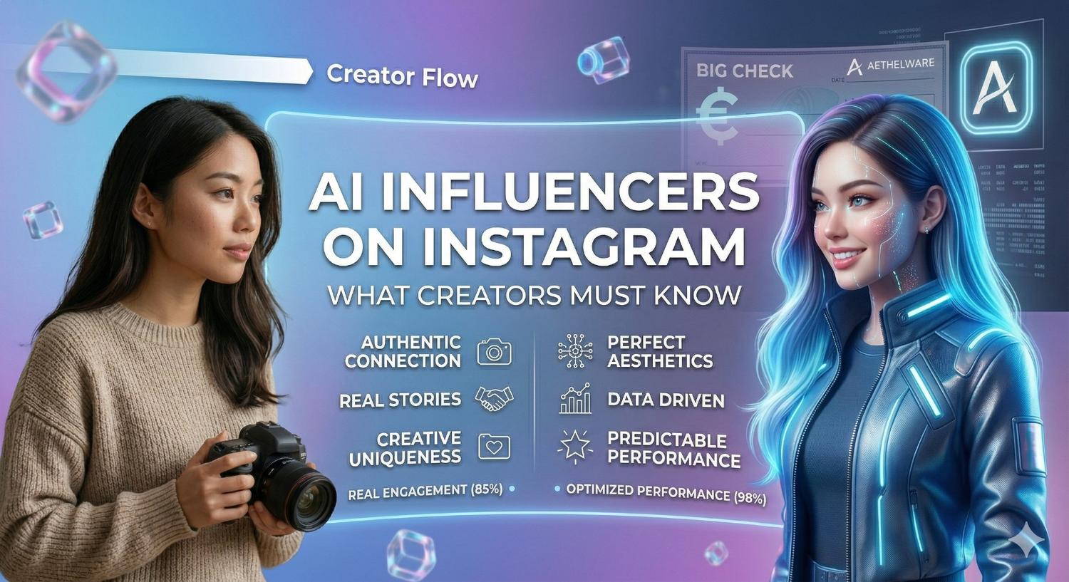 This graphic contrasts a human creator with an AI influencer, separated by a glowing digital panel titled "AI Influencers on Instagram." On the left, a woman holds a professional camera representing human traits like "Authentic Connection" and "Real Stories," while on the right, a stylized AI character represents "Perfect Aesthetics" and "Data Driven" performance. The futuristic design uses neon blue tones to compare the 85% real engagement of humans against the 98% optimized performance of AI.